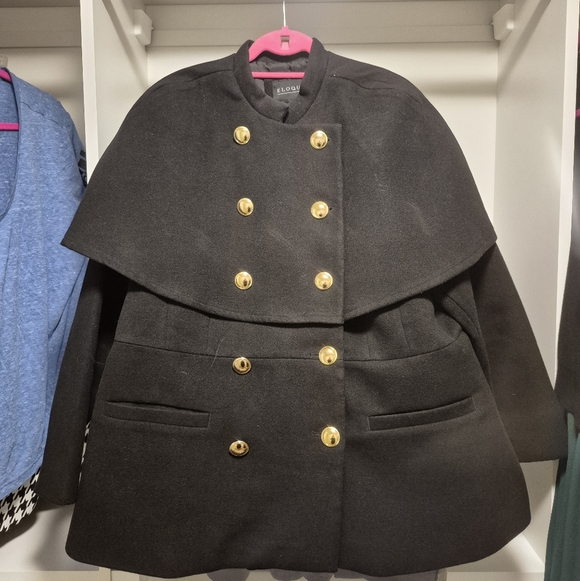 eloquii Peplum Black Cape Coat - Picture 2 of 5